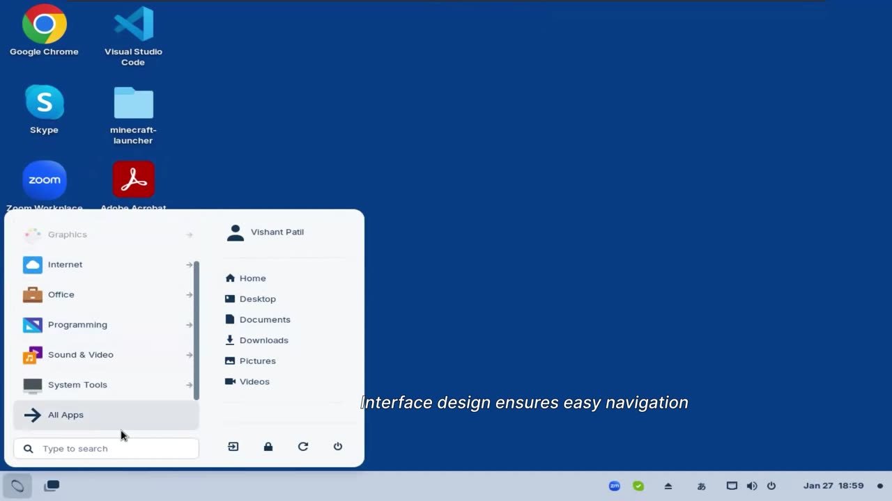 The NEXZOS desktop with the application menu open, showing a browser, a code editor and office applications.