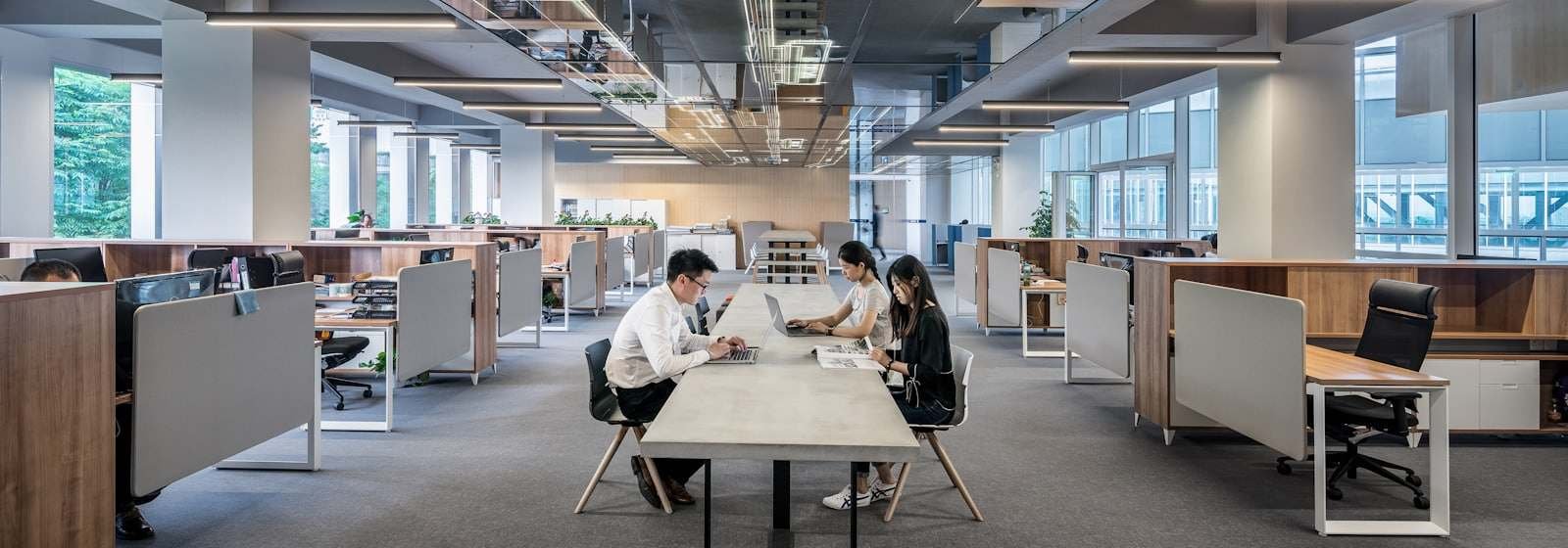 A bright open-plan office with people at their desks