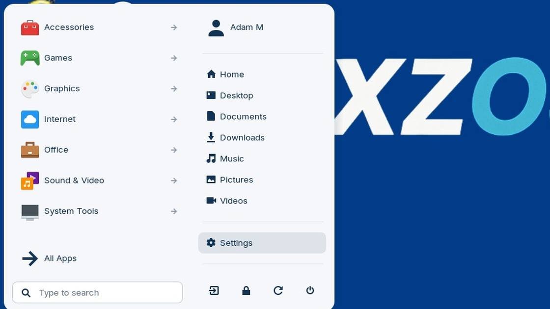 Close-up of the NEXZOS application menu, with the familiar folders on the right.